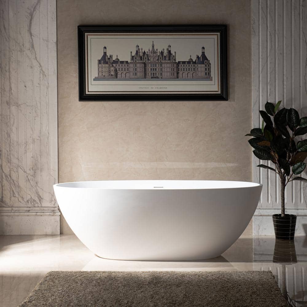 WOODBRIDGE 67 in. Solid Surface Flatbottom Freestanding Bathtub in Matte White with Two drain covers (2)