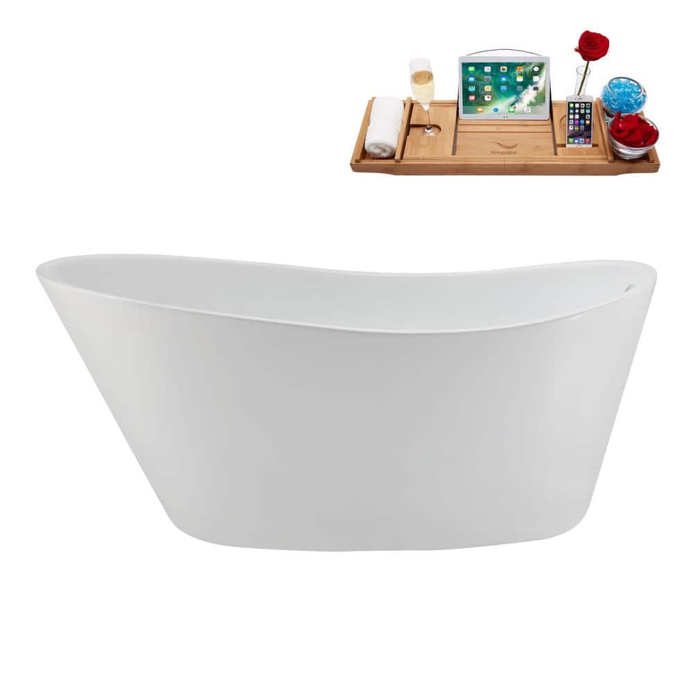 Streamline 59 in. x 28 in. Acrylic Freestanding Soaking Bathtub in Glossy White with Glossy White Drain, Bamboo Tray (1)