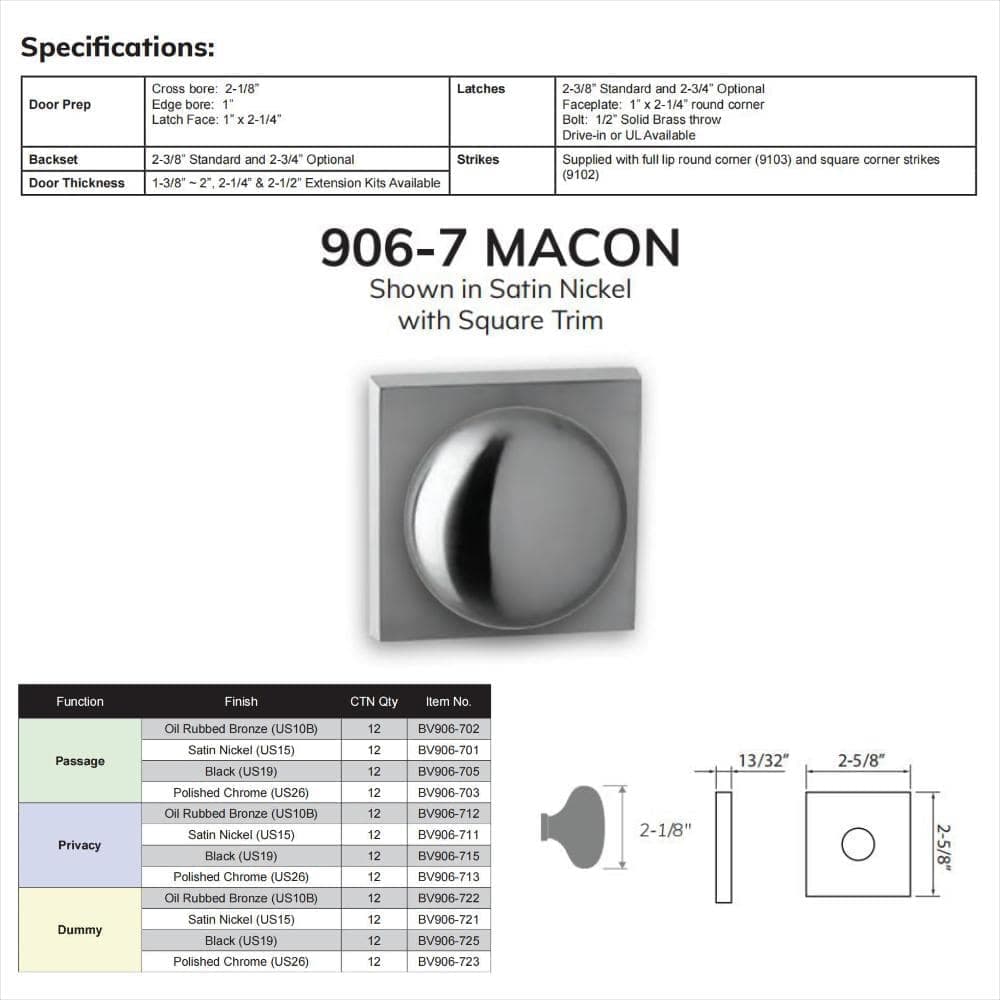DELANEY HARDWARE Bravura Macon 906-7 Passage (Hall/Closet) Door Knob Bright Chrome w/ square trim (2)