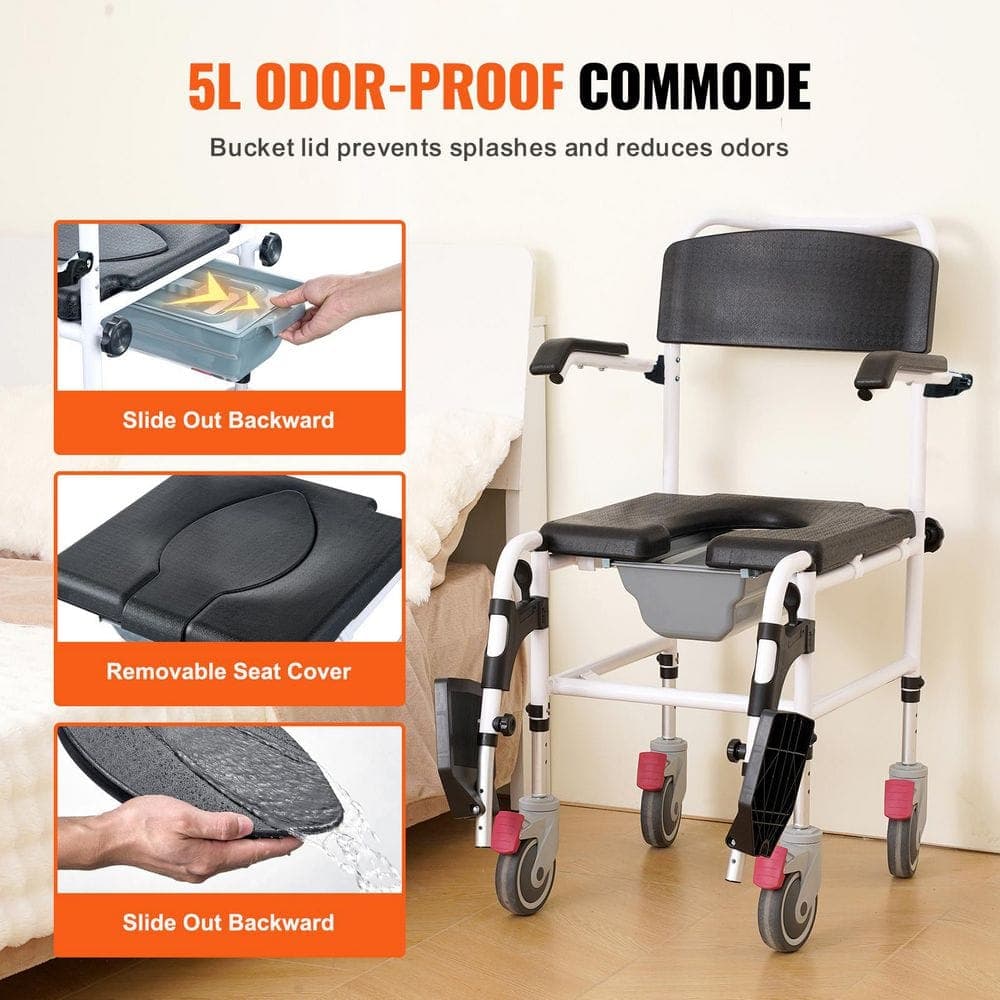 SKYSHALO Commode Wheelchair for Shower Use, 350 lbs. Capacity, Toilet Seat, 4 Secure Wheels, 3-Stage Height, Detachable 5L Bucket (2)