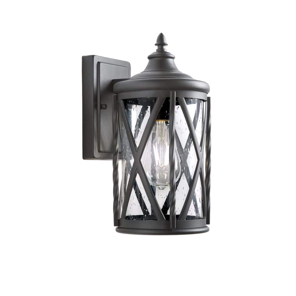 Hampton Bay Walcott Manor 13 in. Black Outdoor Hardwired Wall Lantern Sconce with Clear Seeded Glass and No Bulb Included (3)