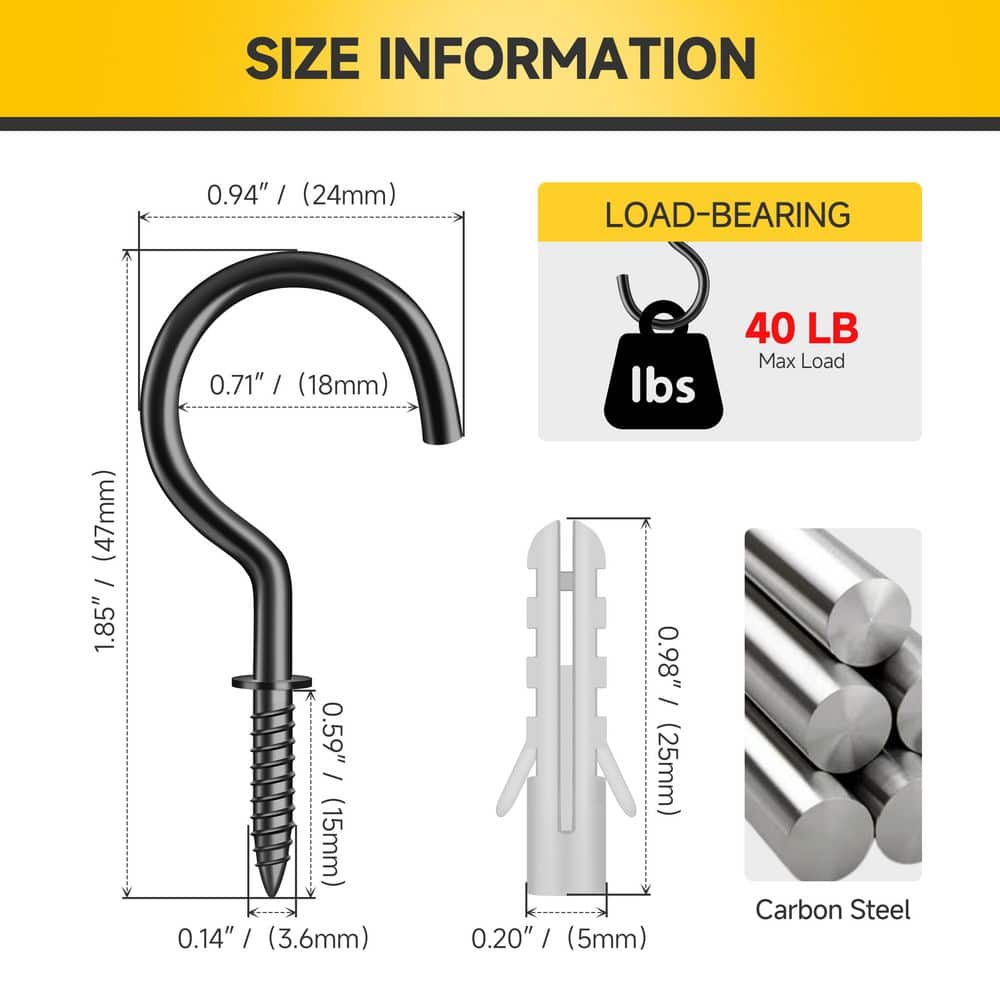 MYWISH 1-1/4 in. Black Cup Hook, 40 lbs. Capacity Screw Hooks (100-Pack) (2)