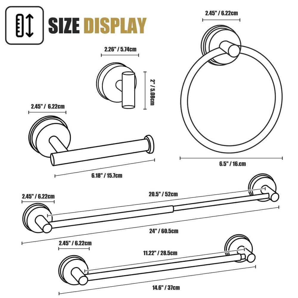 KHKFY Matte Black 5-Piece Bathroom Hardware Set with 24 in Towel Bar, Towel Ring, TP Holder and Hooks Quality (2)