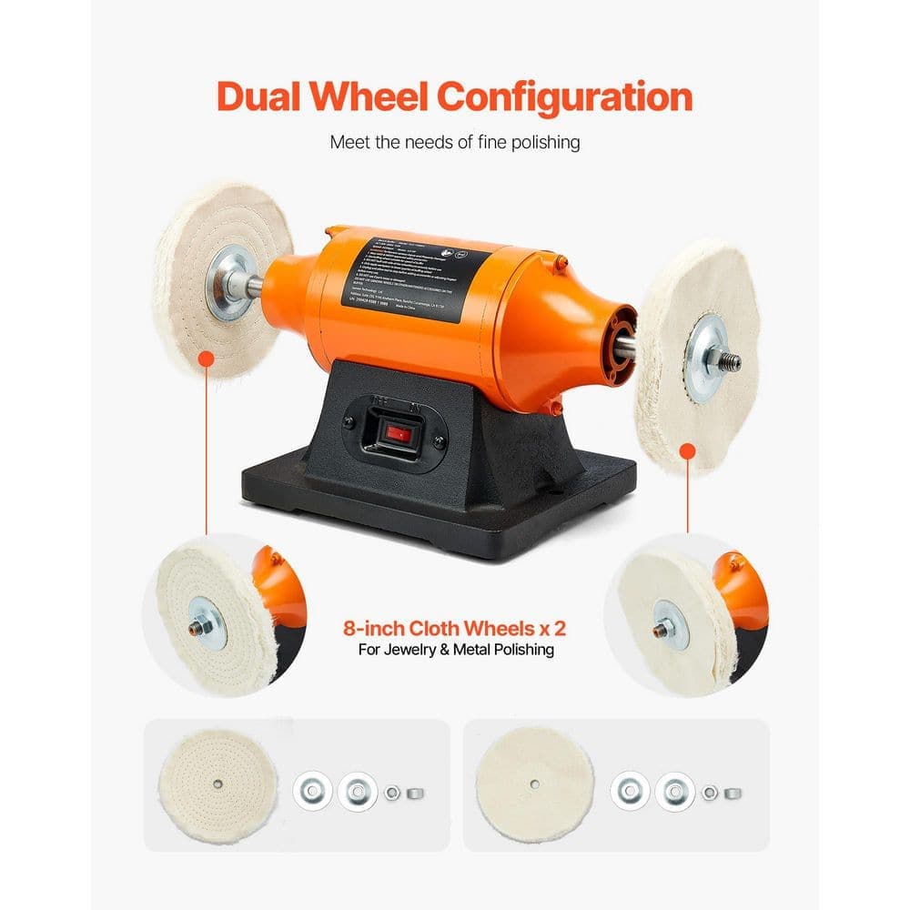 SKYSHALO 3/4HP 8 in. Bench Buffer Polisher, 3450RPM Single Speed, Cast Iron Base, 2 Cloth Wheels for Metal, Jewelry, Wood (2)