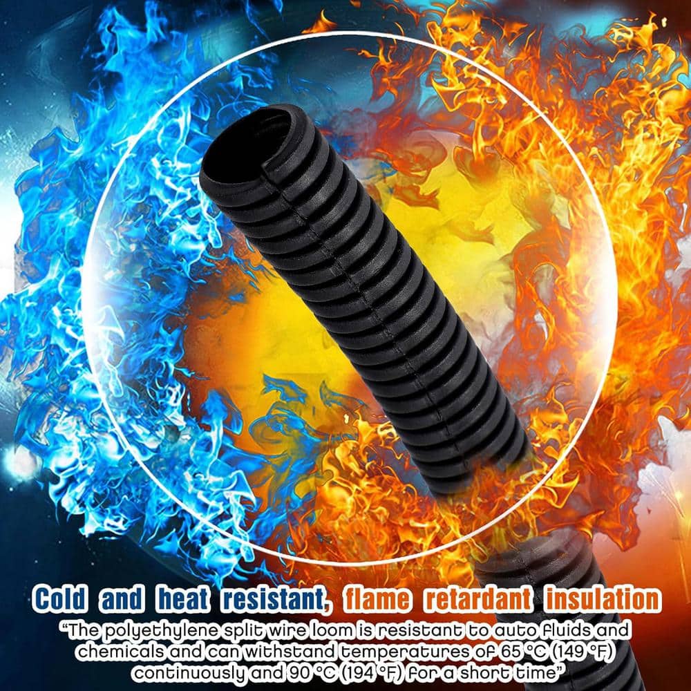 Ahfiwaso 1/4,3/8,1/2,3/4 in. x 10 ft. Black Cord Protector Split Wire Loom Flexible Tubing for Wire Management and Electronics (2)