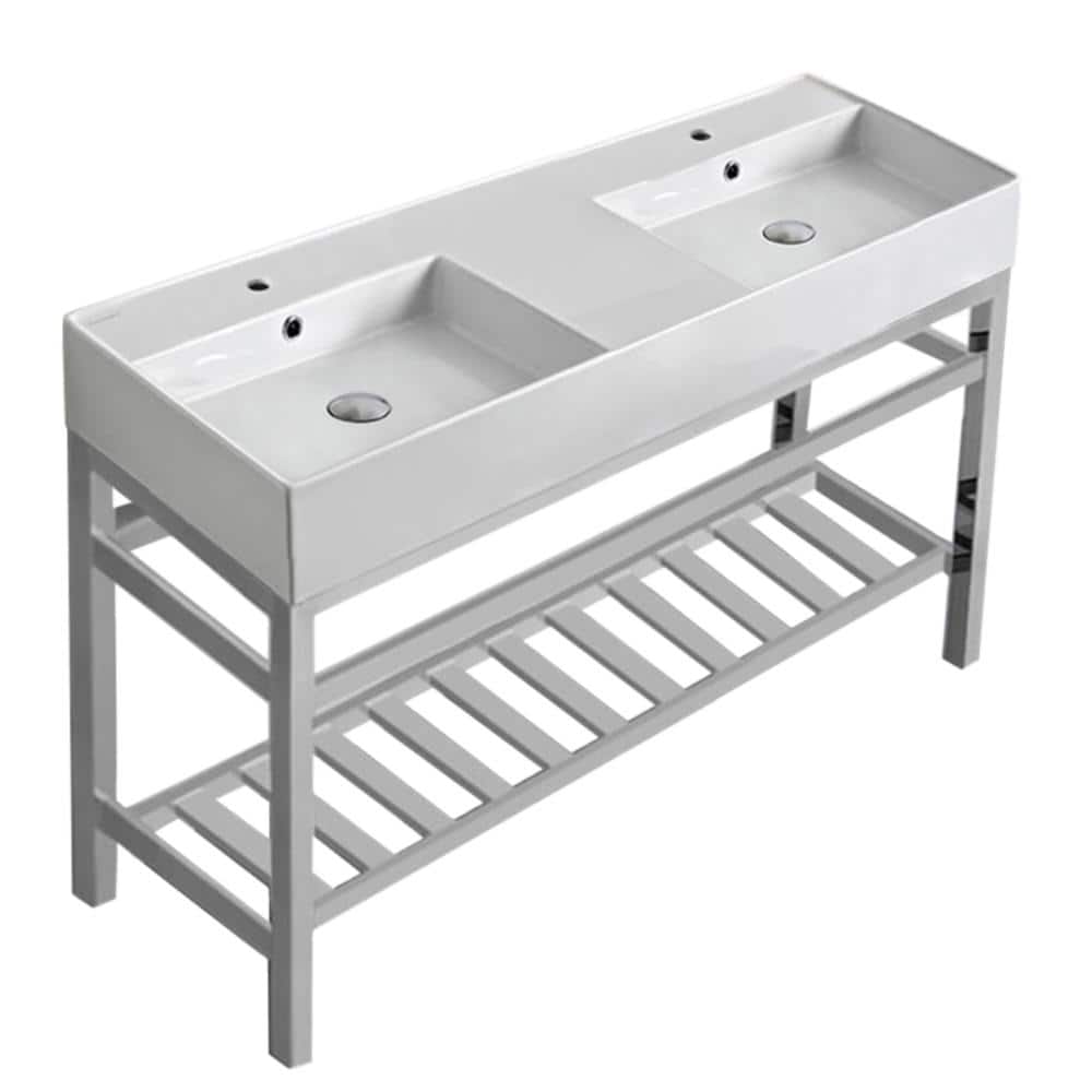 Nameeks Teorema 2-Ceramic Console Double Sink Basin in White with Chrome Legs (1)