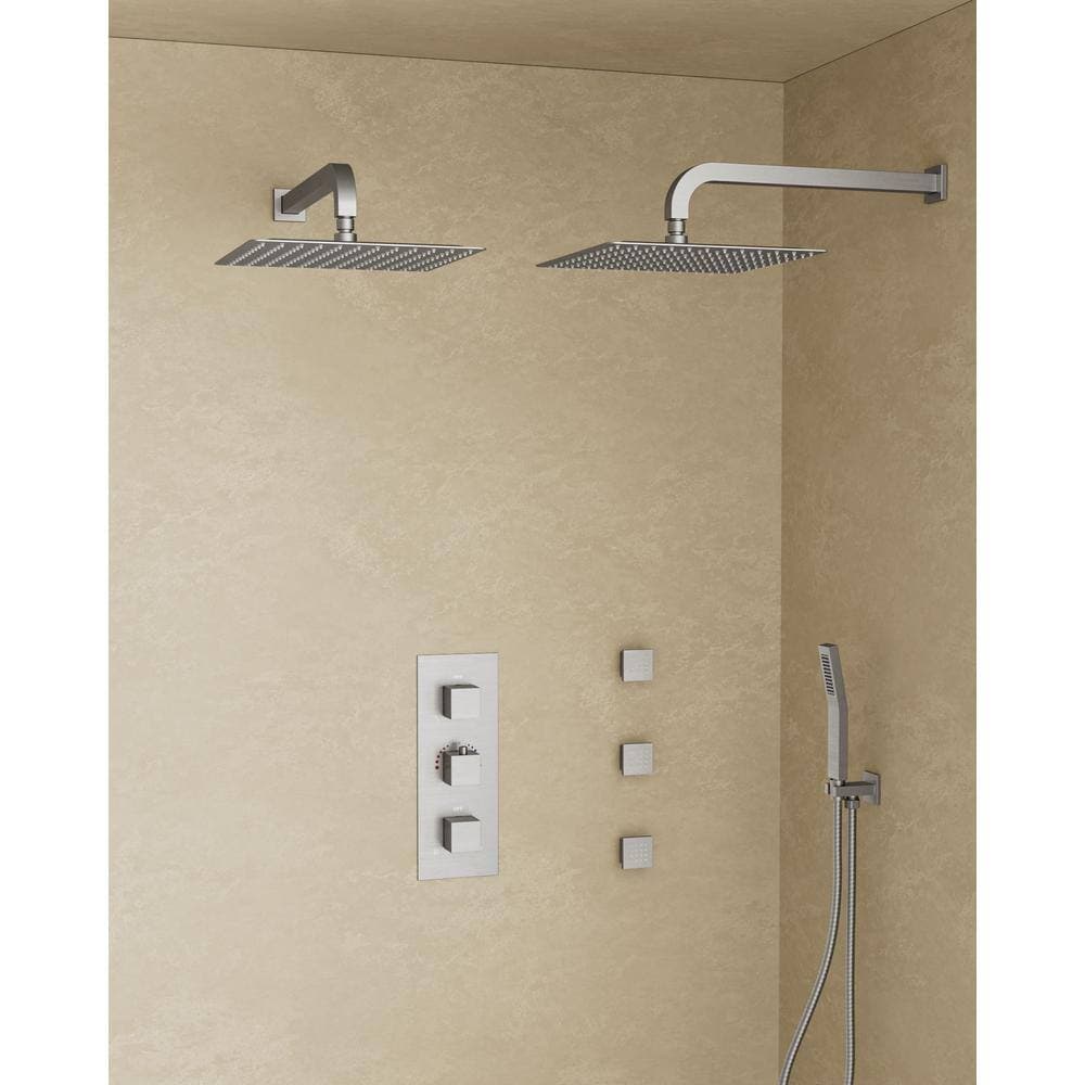 YAWWALK 3 Handle 8-Spray Dual 12 in. Wall Mount Head Shower Faucet 2.5 GPM with Body Jets in Brushed Nickel (Valve Included) (3)