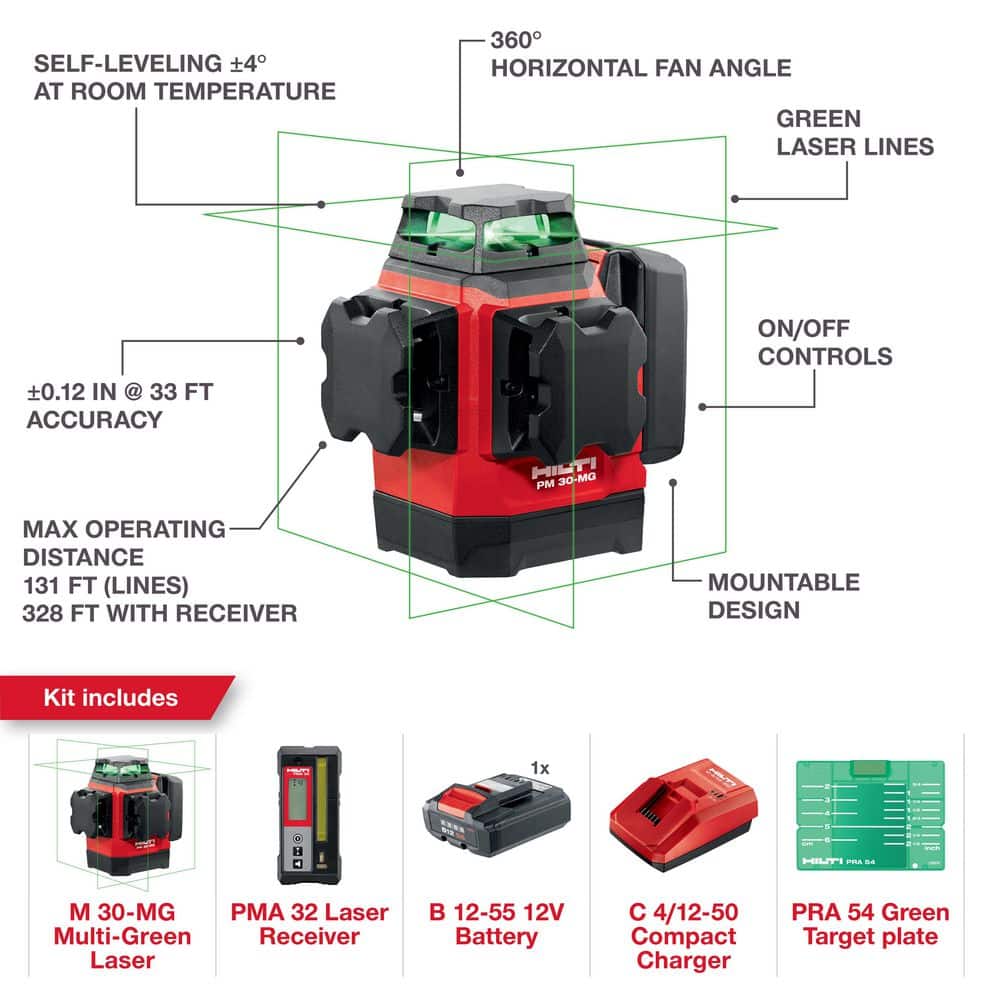 Hilti PM 30-MG 12-Volt 328 ft. Multi-Green Rotating Line Laser with Receiver, Target Plate Battery, Charger and Case (2)