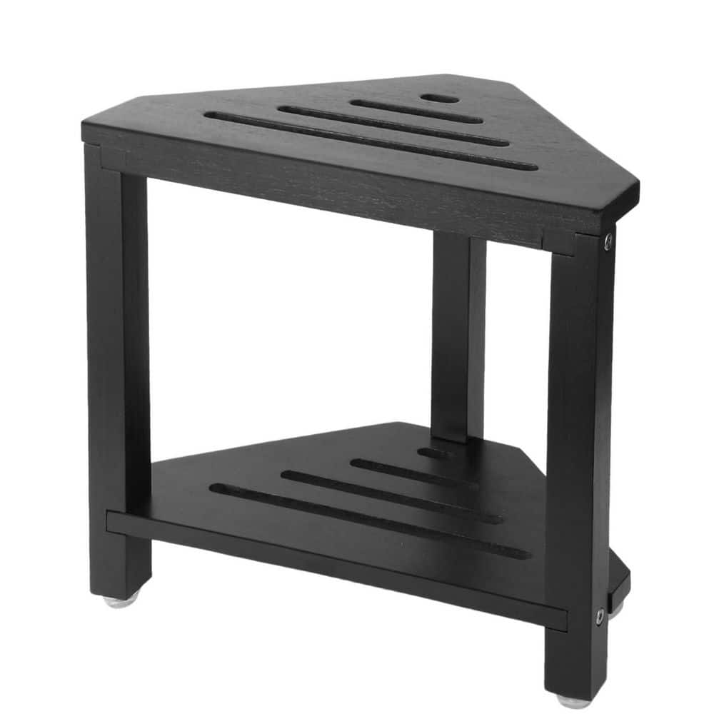 Wudkey 14.5 in. W Acacia Wood Corner Shower Stool with Storage Shelf in Black, Non-Slip, Thickened Screws, Fit for Corner (1)