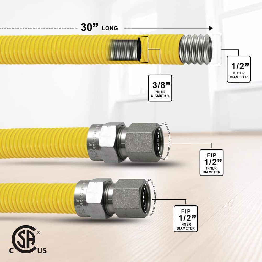 Unbranded 30 Inch Gas Connector with Fittings, Yellow Coated Gas Connector, 1/2" OD, 1/2" FIP x 1/2" FIP Connection (2)
