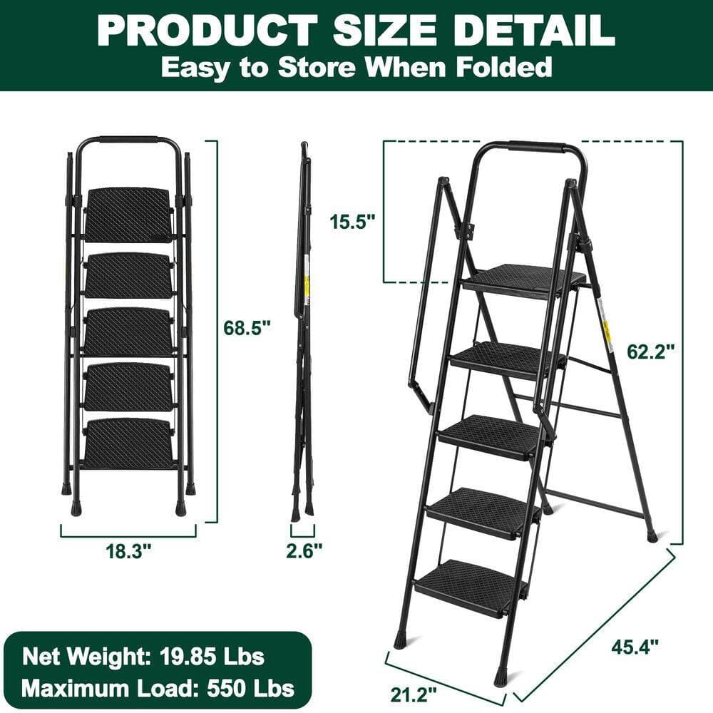 Tatayosi 5-Step Steel Folding Step Stool Ladder with Handrails, 550 lbs. Load Capacity, Black (11 ft. Reach Height) (3)