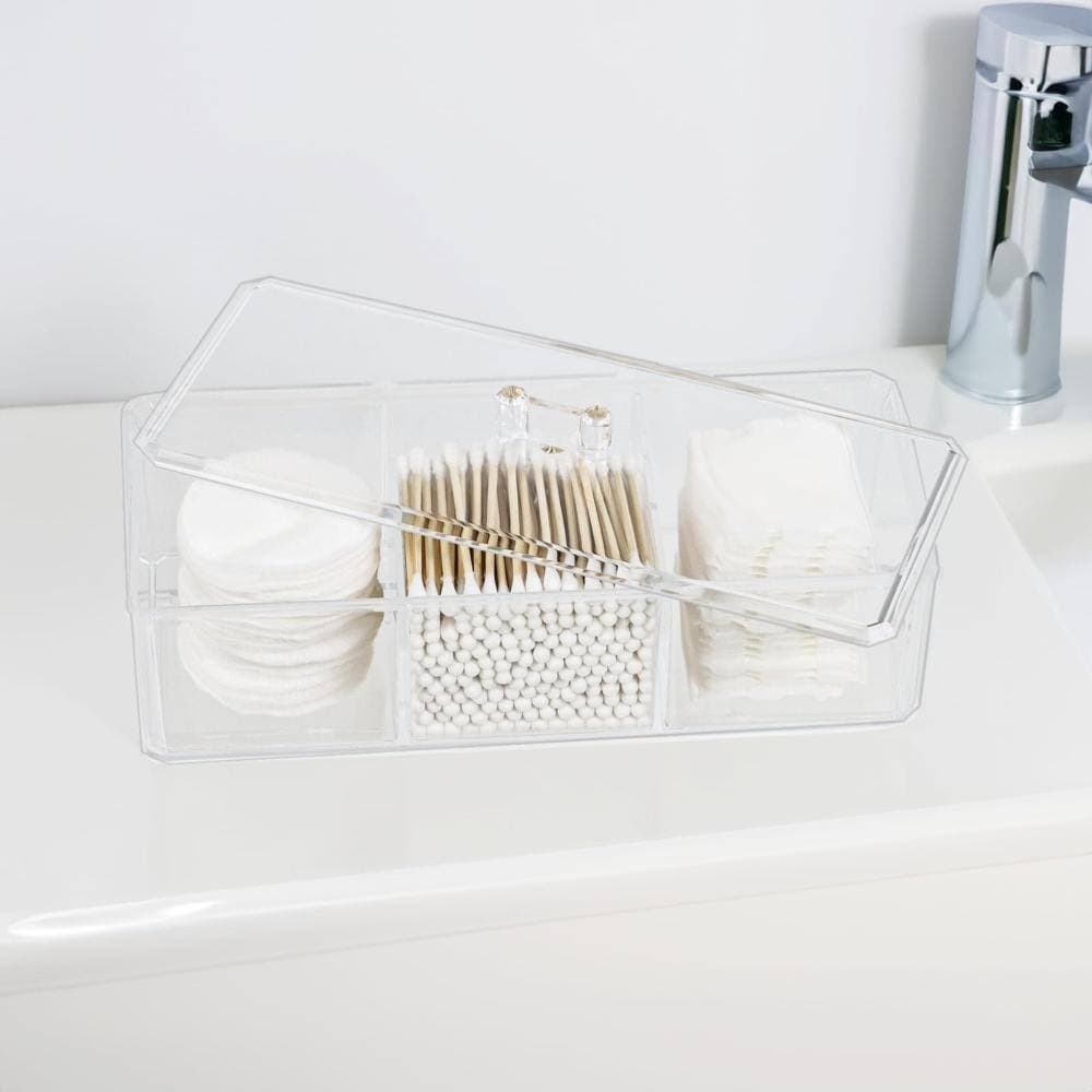 Unbranded Countertop Clear Acrylic Cotton Swab Holder with 3-Compartment Lid Storage Container for Bathroom Vanity (2)