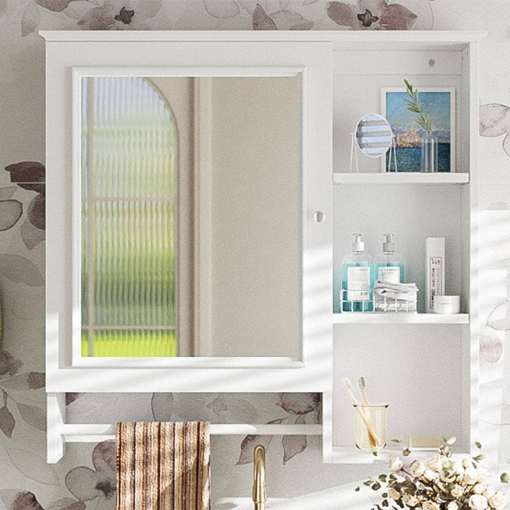 Adrinfly 28.8 in. W 5.47 in. D 28 in. H Bathroom Storage Wall Cabinet w/Mirror Door, Shelves and 3 Open Storage (4)