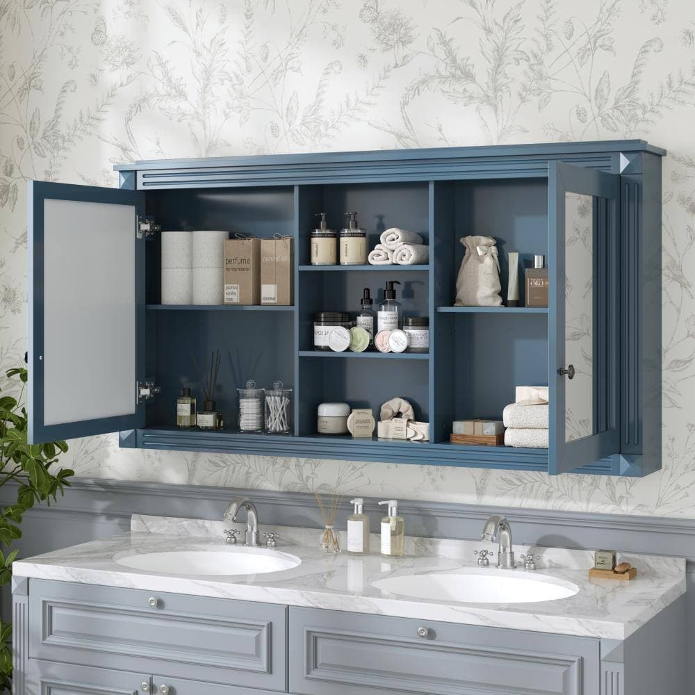 JimsMaison 55.00 in. W x 28.70 in. H Blue 2-in-1 Rectangular MDF Medicine Cabinet with Mirror (3)