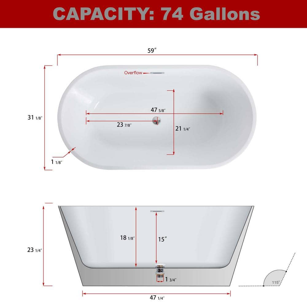 Lycvki 59 in. x 31.1 in. Acrylic Flatbottom Non-Whirlpool Bathtub in White Classic Oval Shape Soaking Tub with Chrome Overflow (3)
