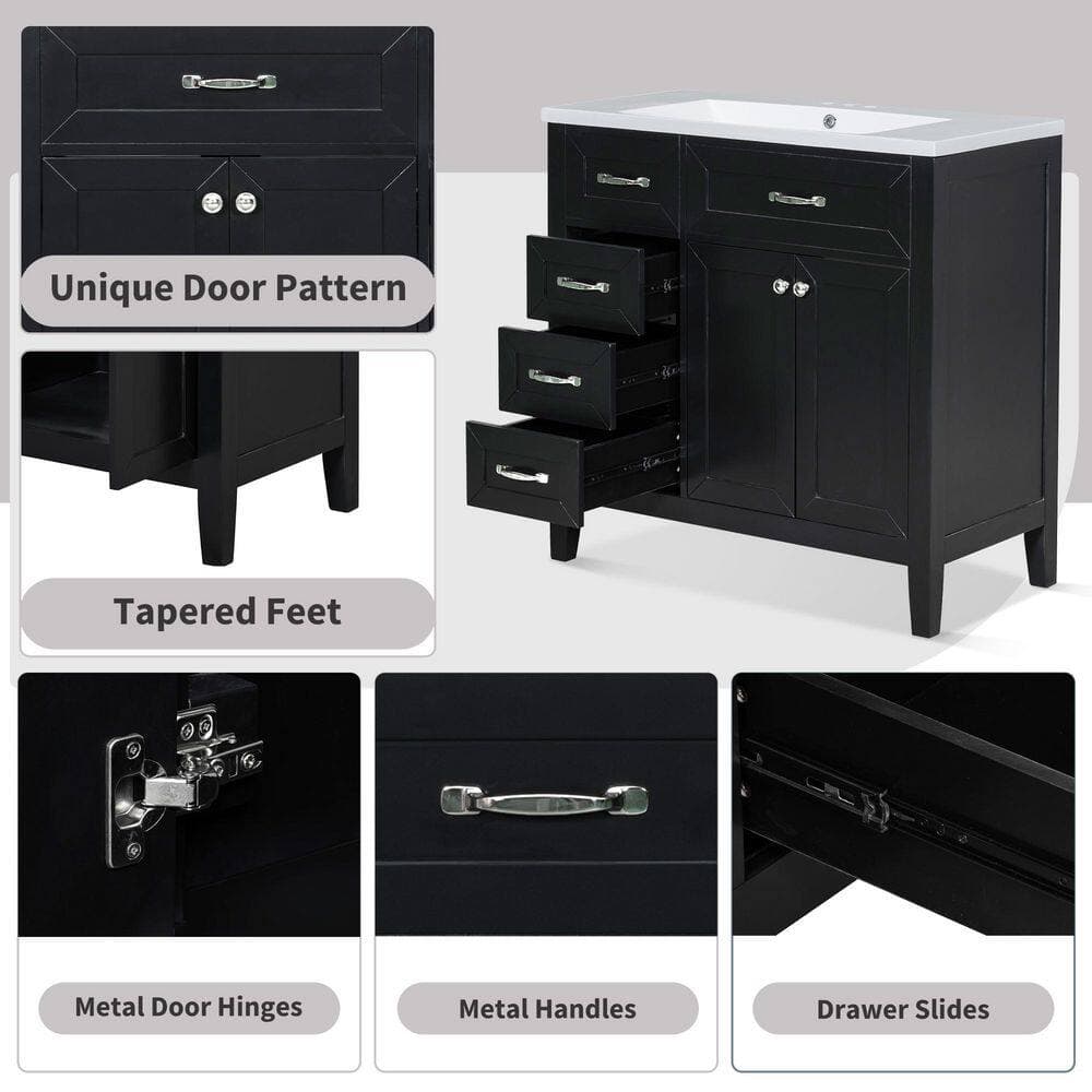 Lycvki 35.50 in. W x 17.70 in. D x 35.00 in. H Bath Vanity Cabinet without Top with 5-Drawers and Adjustable Shelf in Black (3)
