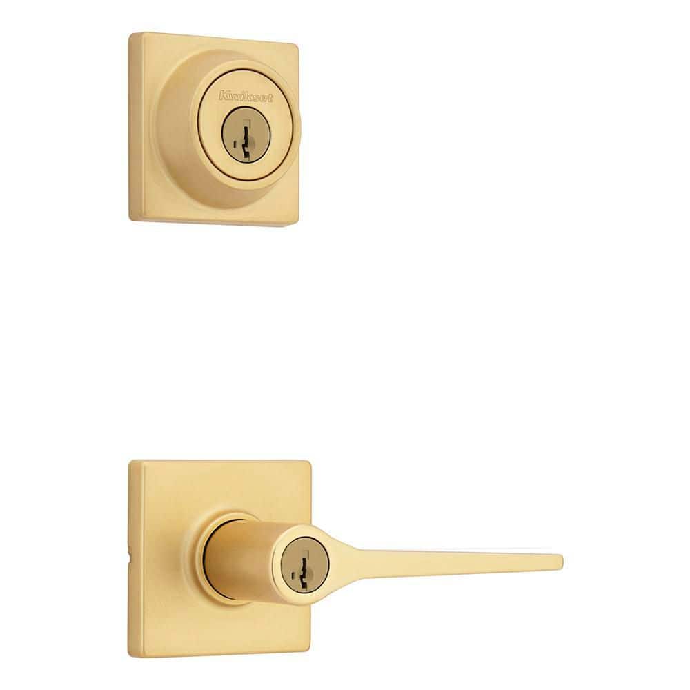 Kwikset Hollis Satin Brass Square Keyed Entry Door Handle with Deadbolt Combo Pack Featuring SmartKey Security