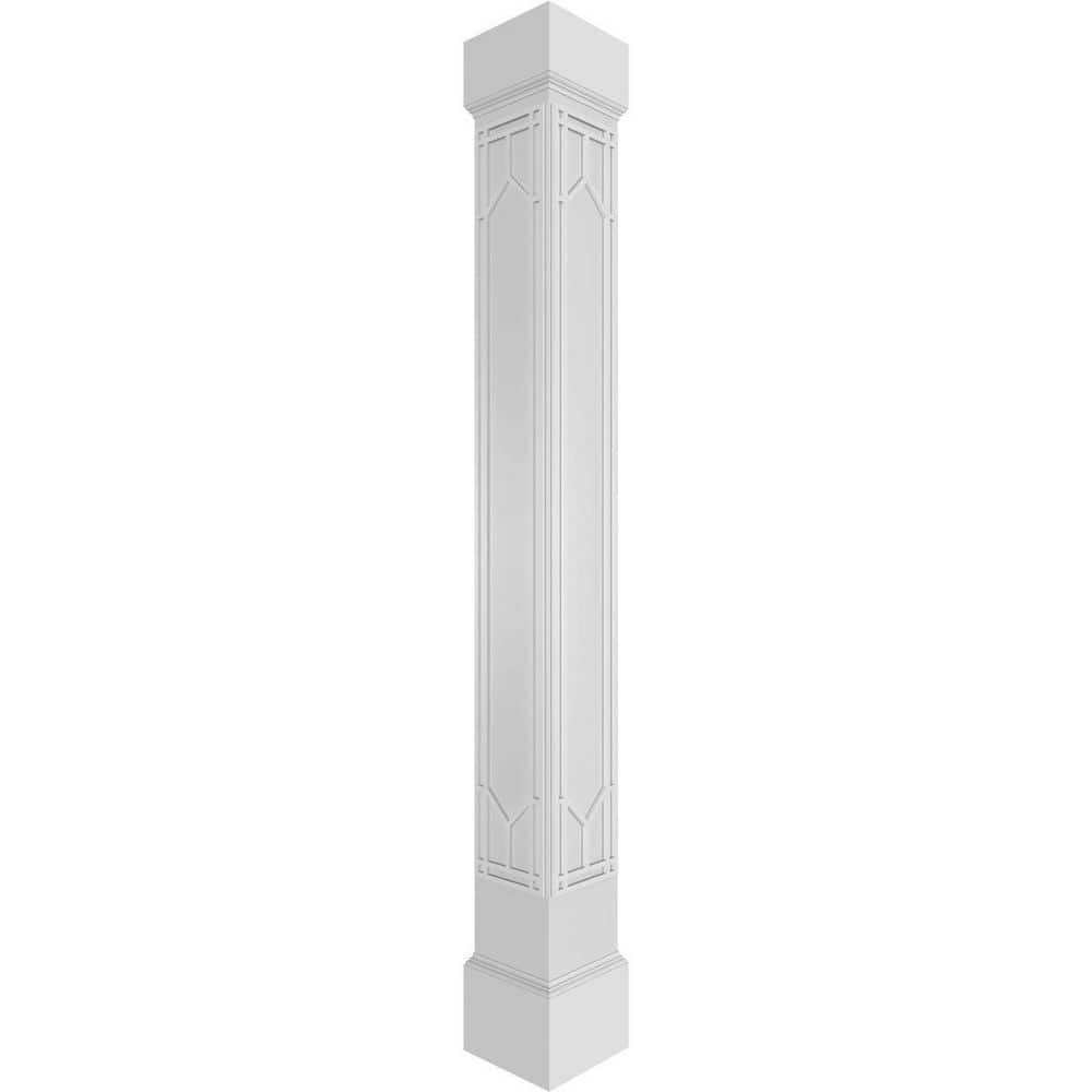 Ekena Millwork 7-5/8 in. x 8 ft. Premium Square Non-Tapered Shaker Fretwork PVC Column Wrap Kit with Mission Capital and Base (1)