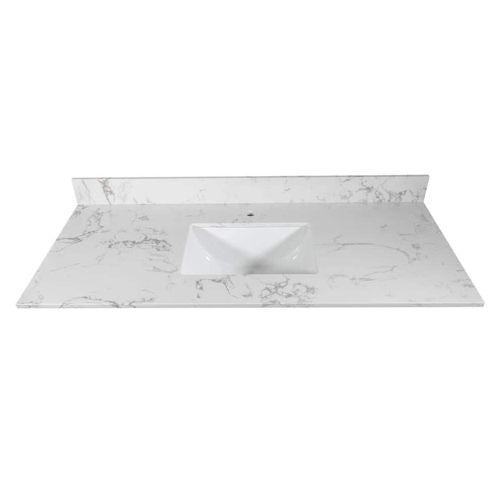Unbranded 43 in. W x 22 in. D Engineered Stone Composite White Rectangular Single Sink Bathroom Vanity Top in Carrara White