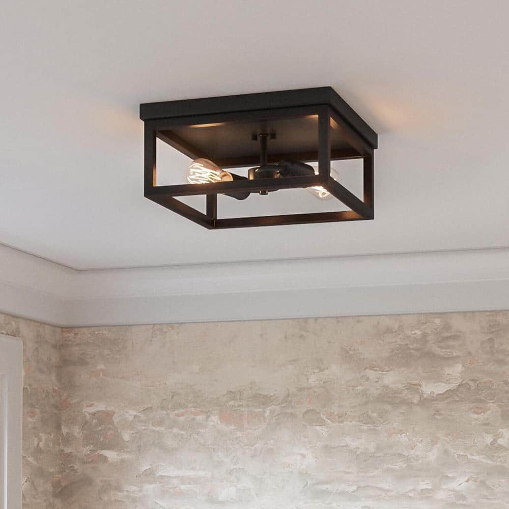 Hampton Bay Boswell Quarter 12-1/2 in. 2-Light Black Industrial Open Cage Flush Mount Ceiling Light (4)