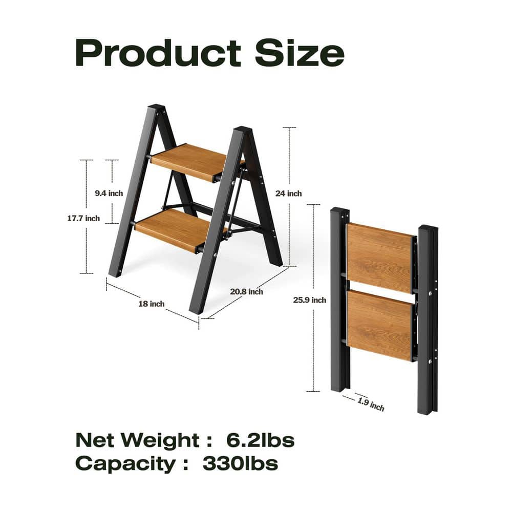 xinyoec 2-Step Reach Height Aluminum Folding Step Ladder, 330 lbs Capacity Black and Woodgrain Step Stool for Home Kitchen Use (2)