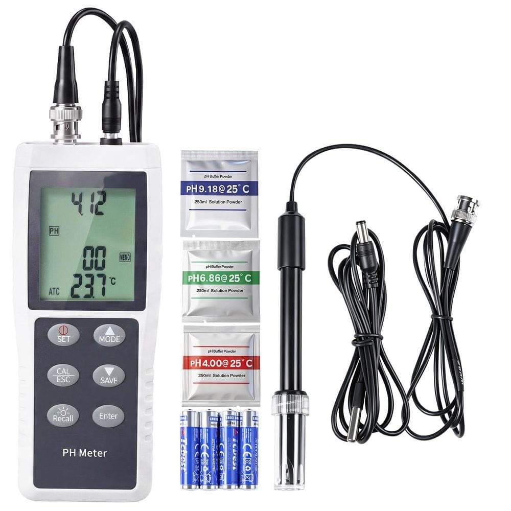 SKYSHALO Portable pH Meter, 0-14 pH Range, IP68 Waterproof Design, 3-Point Auto Calibration, Test Kit with Calibration Powders