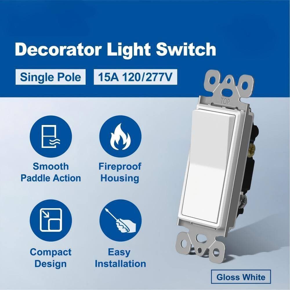 BIBIVIS 15 Amp Smart ON-OFF Illuminated Antimicrobial Rocker Light Switch,  Single Pole Switch, White 50-Pack (2)