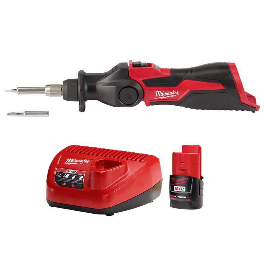 Milwaukee M12 12-Volt Lithium-Ion Cordless Soldering Iron with Compact Battery Pack 2.0Ah and Charger Starter Kit