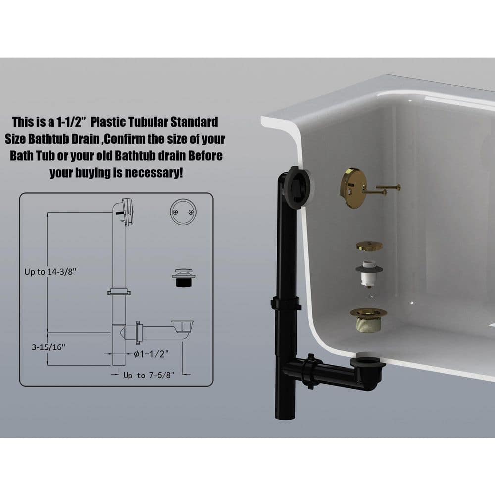 Helhom 1-Pack 1-1/2 in. Black Tubular Bath Drain Kit with Tip-Toe Stopper and Overflow Plug, Champagne Bronze (3)