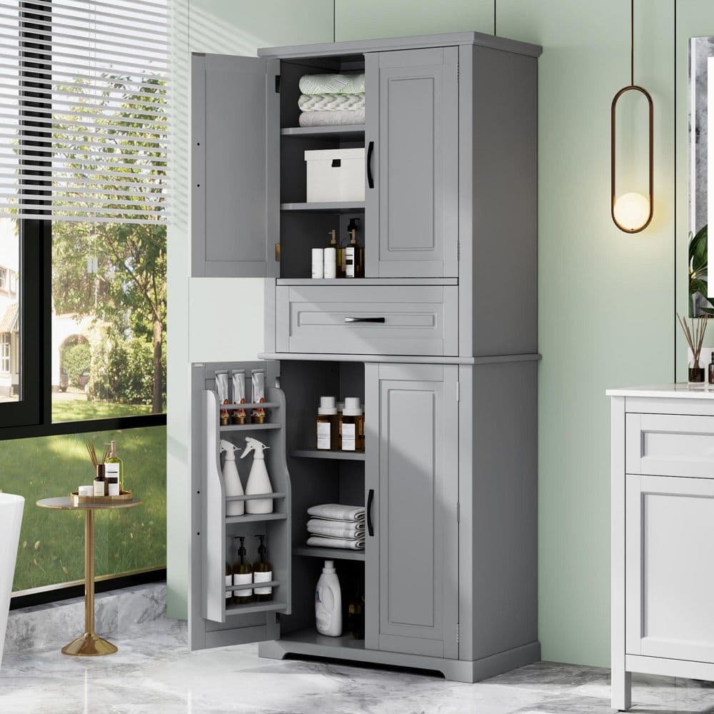 TCYO 30 in. W 16 in. D 72 in. H Gray Wood Linen Cabinet with Drawer and Adjustable Shelf (4)