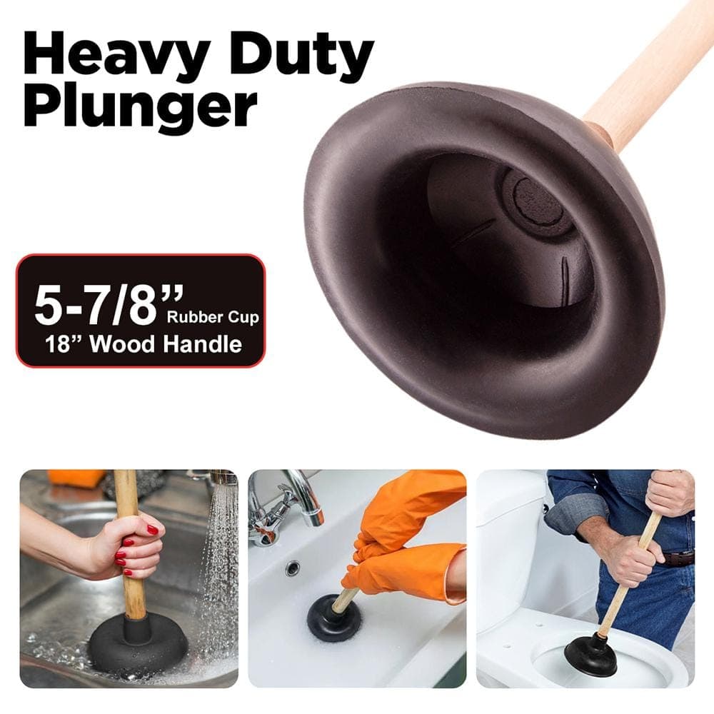 PLUMBFLEX Heavy Duty Toilet Plunger Strong Suction Force Cup Rubber with 18 in. Wooden Handle to Fix Clogged Toilets and Drains (2)