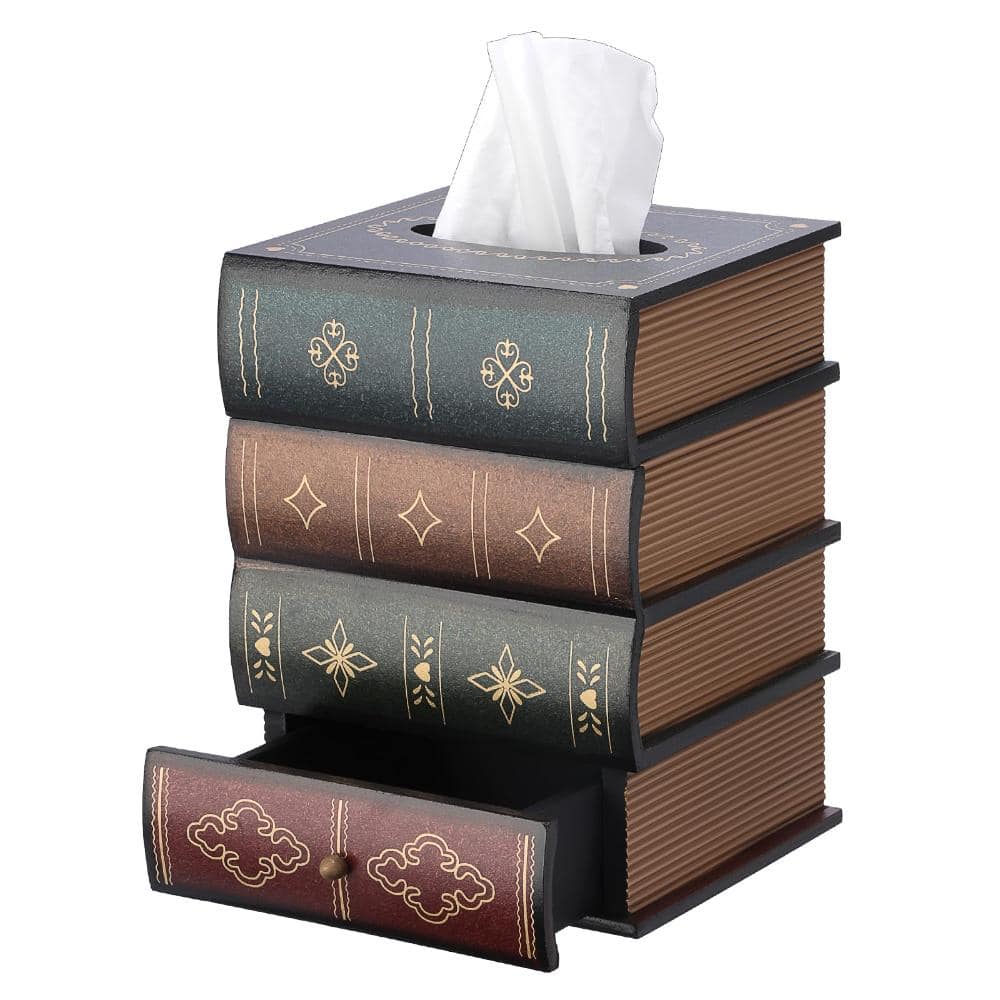 Unbranded Antique Wooden Book Tissue Box Cover with Storage Drawer for Desk, Table, Living Room and Bath Decor