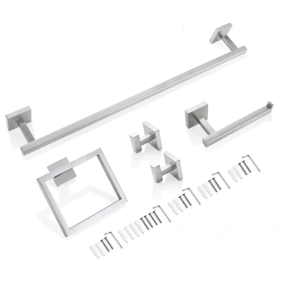 LAIFUCAM 5-Piece Bathroom Hardware Set with Towel Bar, Towel Ring, Toilet Paper Holder, 2 Coat Hooks in Brushed Nickel
