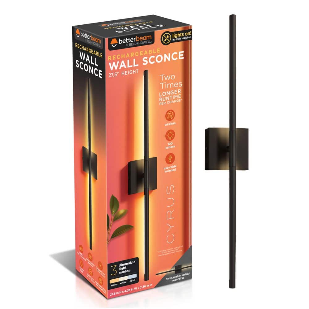 BETTERBEAM Cyrus 27.5 in. Black LED Rechargeable Wall Sconce (3)