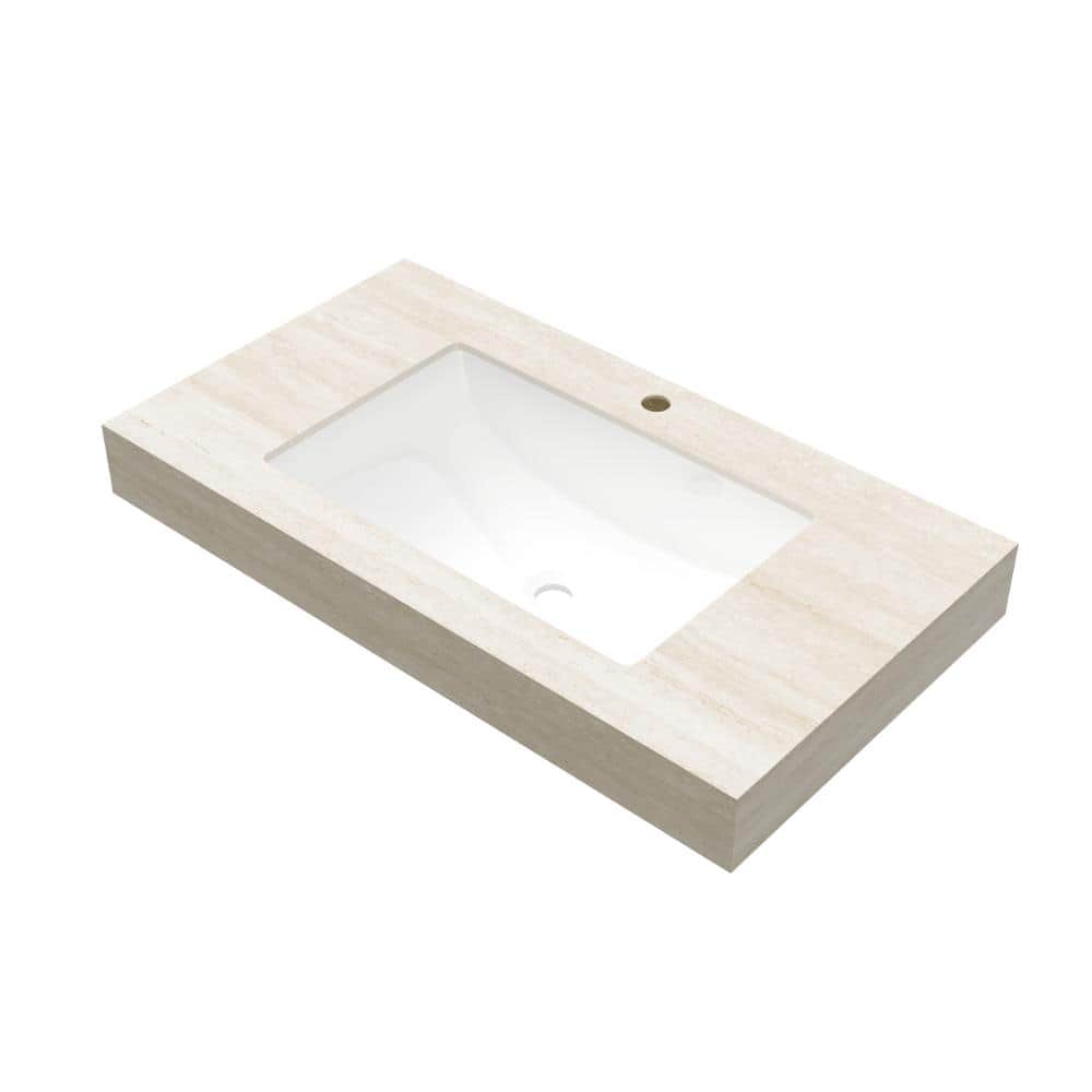 TCYO 36 in. Undermount Rectangular Bathroom Sink in White with Beige Roma Travertine-Pattern Countertop (1)