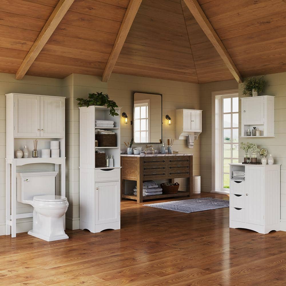 RiverRidge Home Ashland 16.5 in. W x 13 in D x 60 in. H White Linen Cabinet Tall Bathroom Storage Organizer with Drawer and Shelves (3)