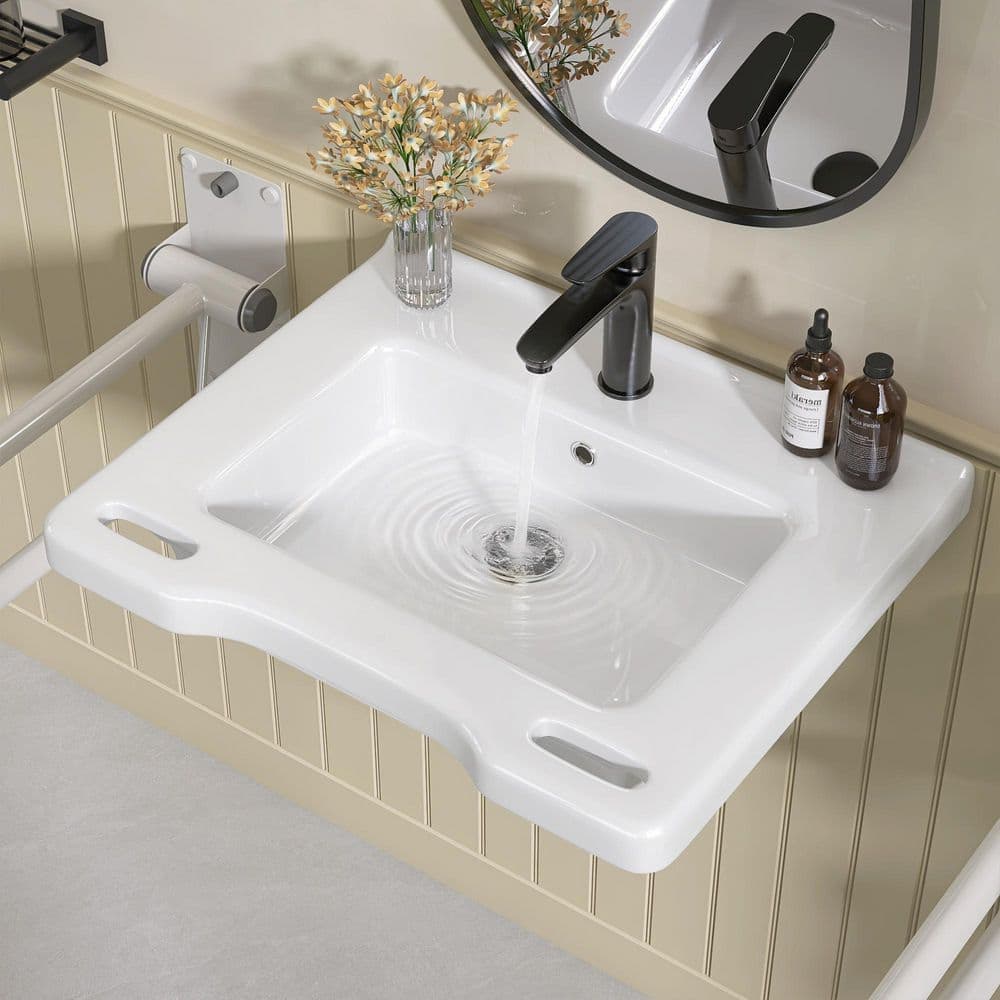 Zeafive L 21.8 W 5.3 D U-shaped ADA Wall-Mounted Bathroom Sink Wheelchair Accessible Ceramic Basin with Overflow (1)