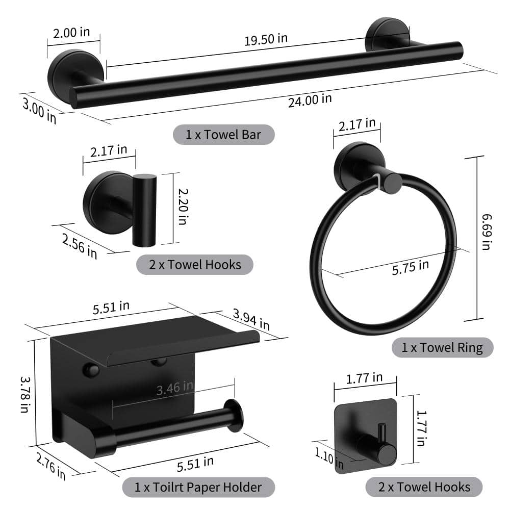 Sotion 7-Piece Round Bath Hardware Set with 24 in. Towel Bar, Toilet Paper Holder, Towel Ring, Towel Hooks in Matte Black (3)