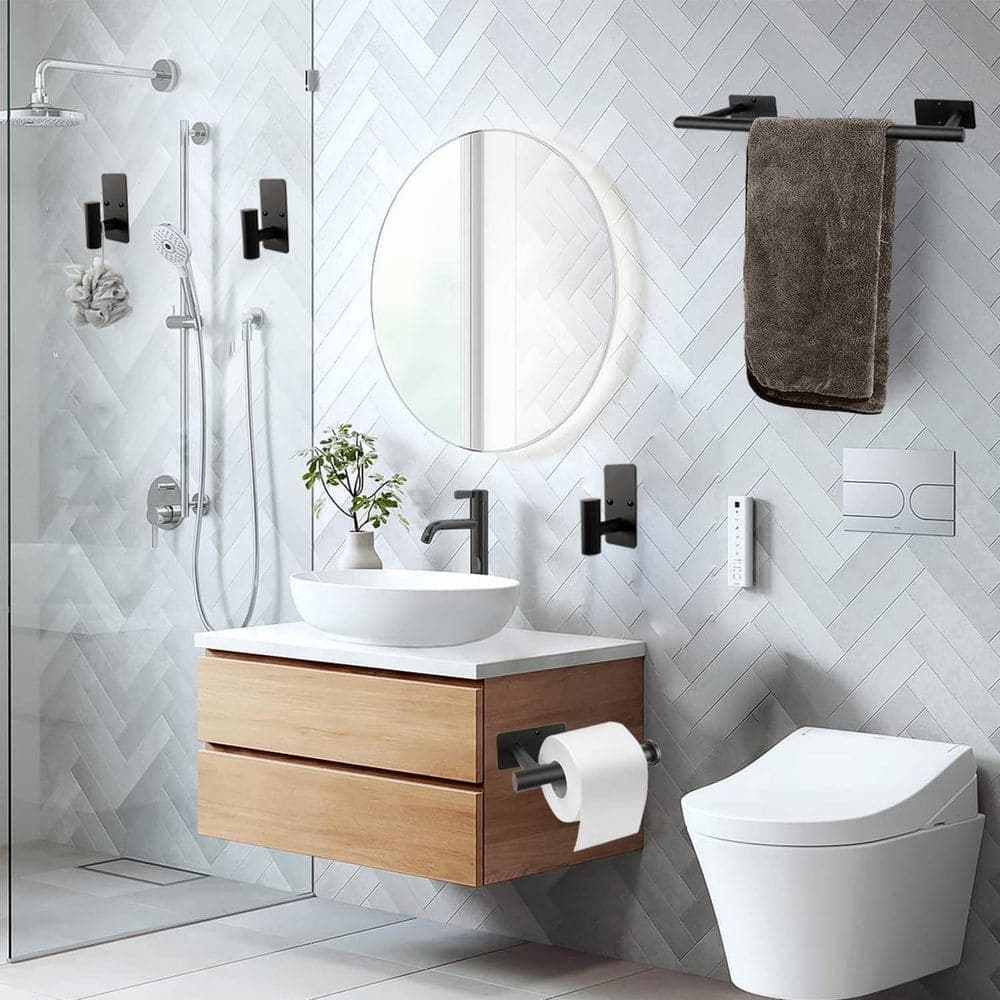 LAIFUCAM 5 Piece Bathroom Hardware Set with Towel Bar, Toilet Paper Holder, 3 Hooks in Matte Black Stainless Steel (2)
