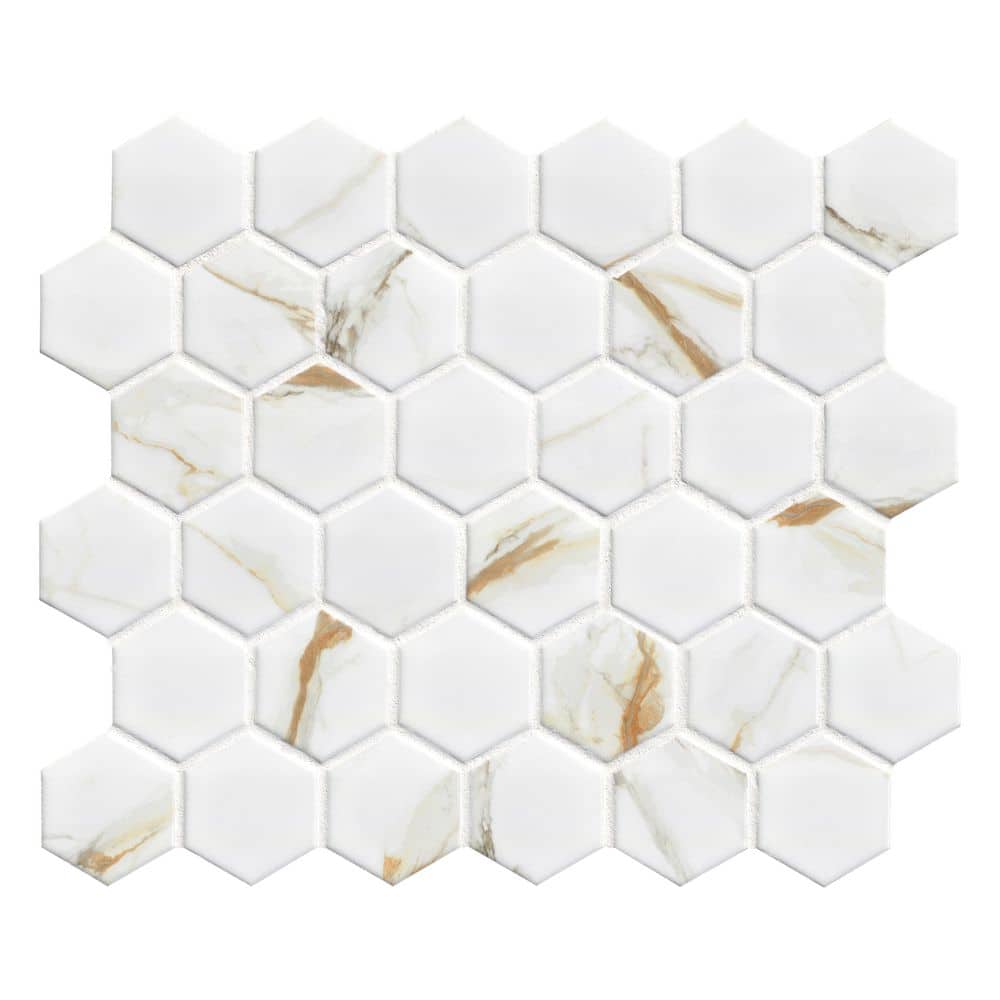 MSI Calacatta Gold 2 in. Hexagon 12 in. x 13 in. x 0.24 in. Matte Porcelain Mesh-Mounted Mosaic Tile (0.99 sq. ft./Each) (1)