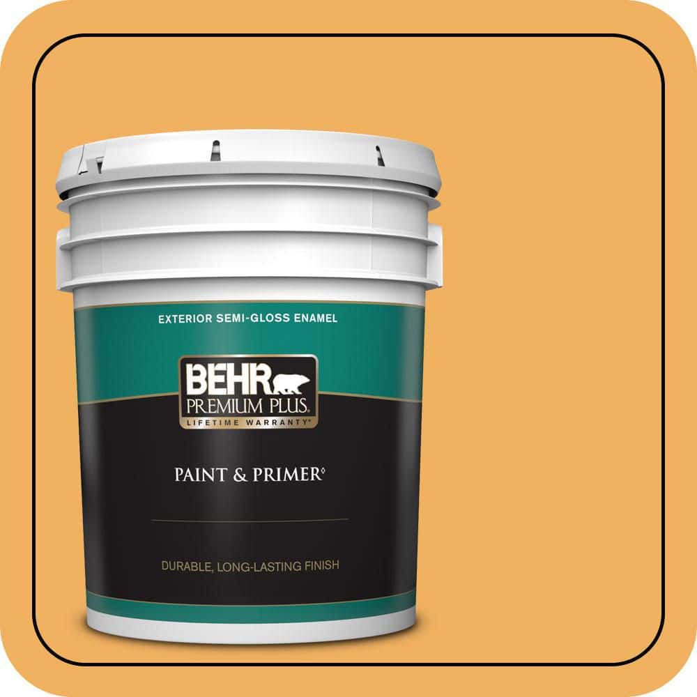 BEHR PREMIUM PLUS 5 gal. #PMD-74 Sweet Honey Semi-Gloss Enamel Exterior Paint & Primer