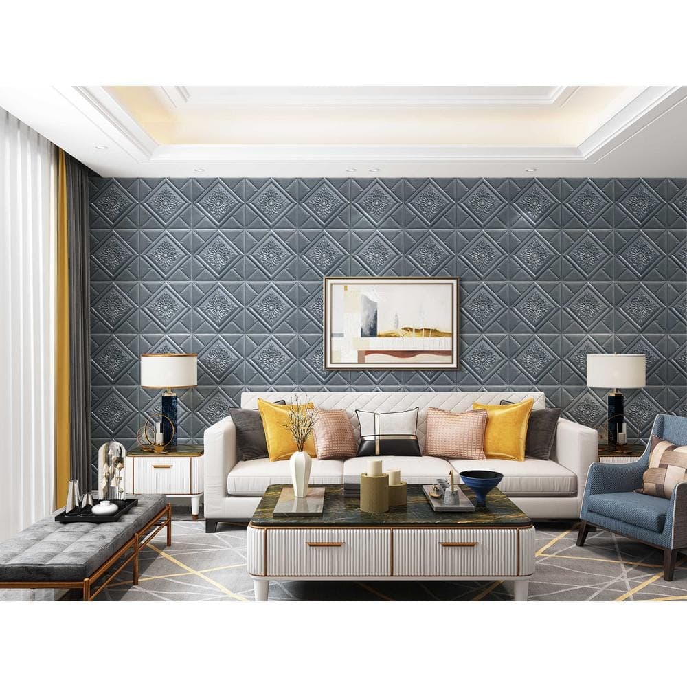 Dundee Deco Falkirk Jura II 1/3 in. 28 in. x 28 in. Peel & Stick Dark Silver Stylized Flowers Diamonds Foam Decorative Wall Paneling (2)