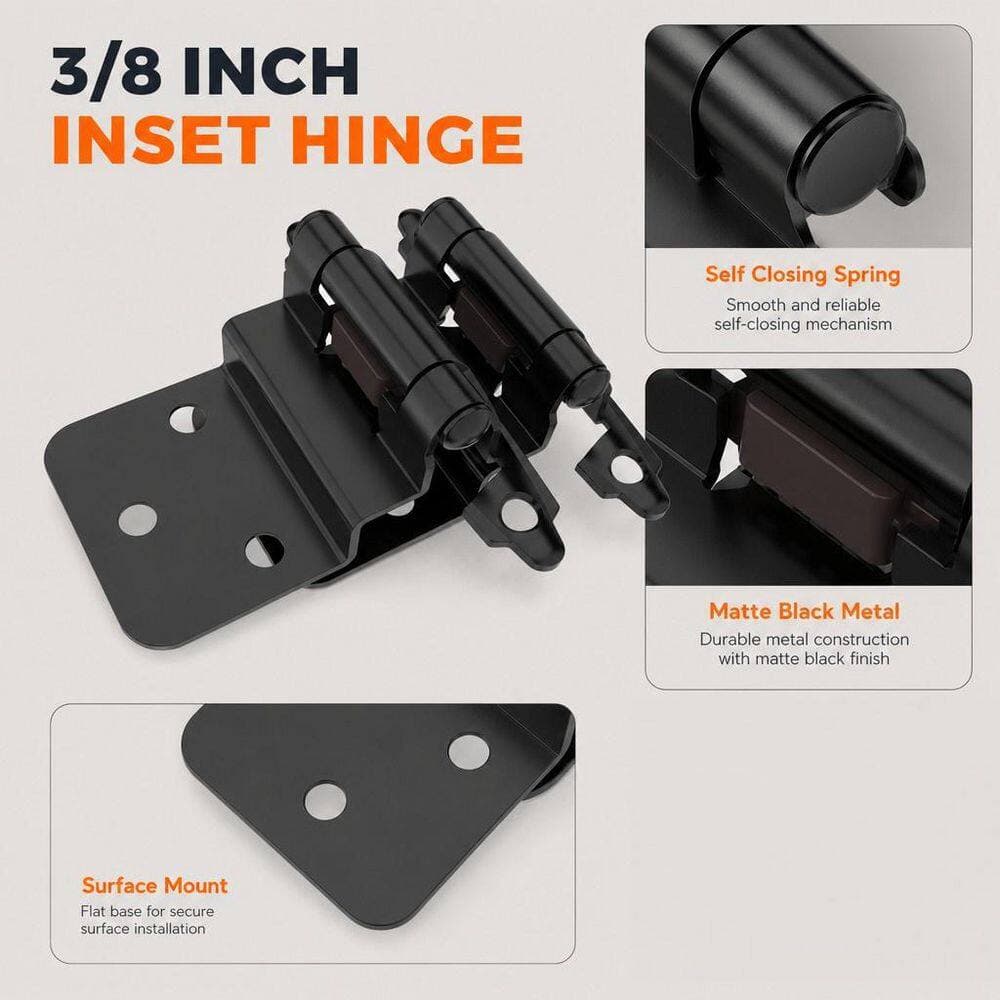 Numhew 3/8 in. Inset Cabinet Hinges Self Closing Flush Face Mount Hinges Matte Black for Cabinets, Bathroom Vanities (50-Pack) (3)