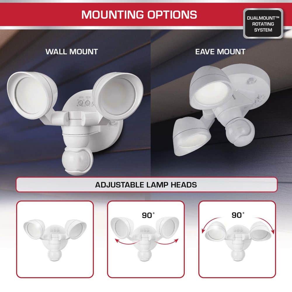 Defiant MaxDetect 240° White Motion Sensing Wired Outdoor 2-Head LED Security Flood Light 1400 Lumens DualBrite 2-Level Lighting (4)