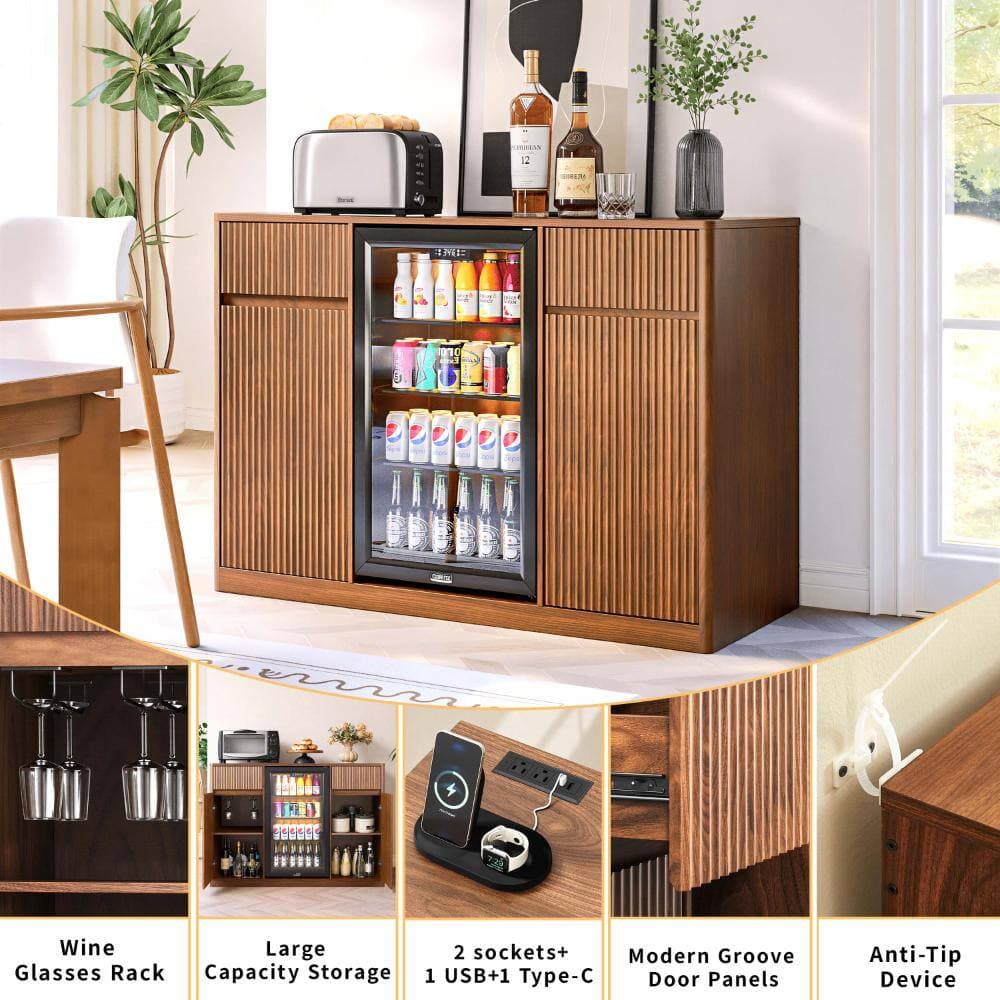 COWLOWN 53.2 in. W x 20.9 in. D x 38.6 in. H Walnut Brown Linen Cabinet with Charging Hub & Wine Glass Rack (3)