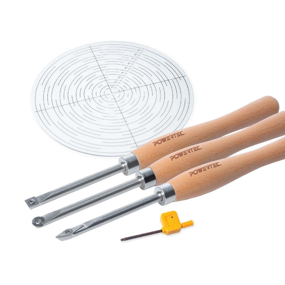 ‎POWERTEC 3PCS Carbide Lathe Tools for Woodturning with 10 in. Center Finder Compass, Wood Lathe Tool Chisel w/ Replaceable Blade (1)