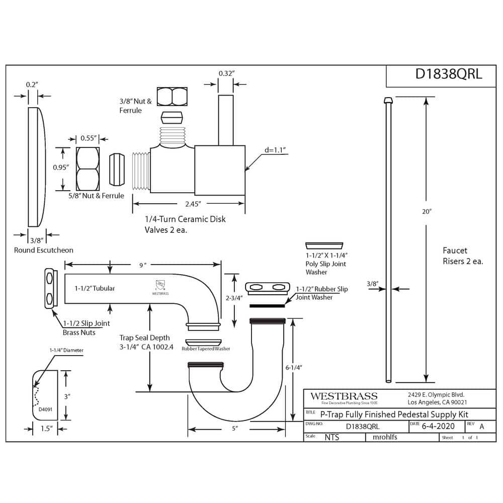 Westbrass 1-1/2 in. 1-1/2 in. Brass P-Trap Lavatory Supply Kit (2)