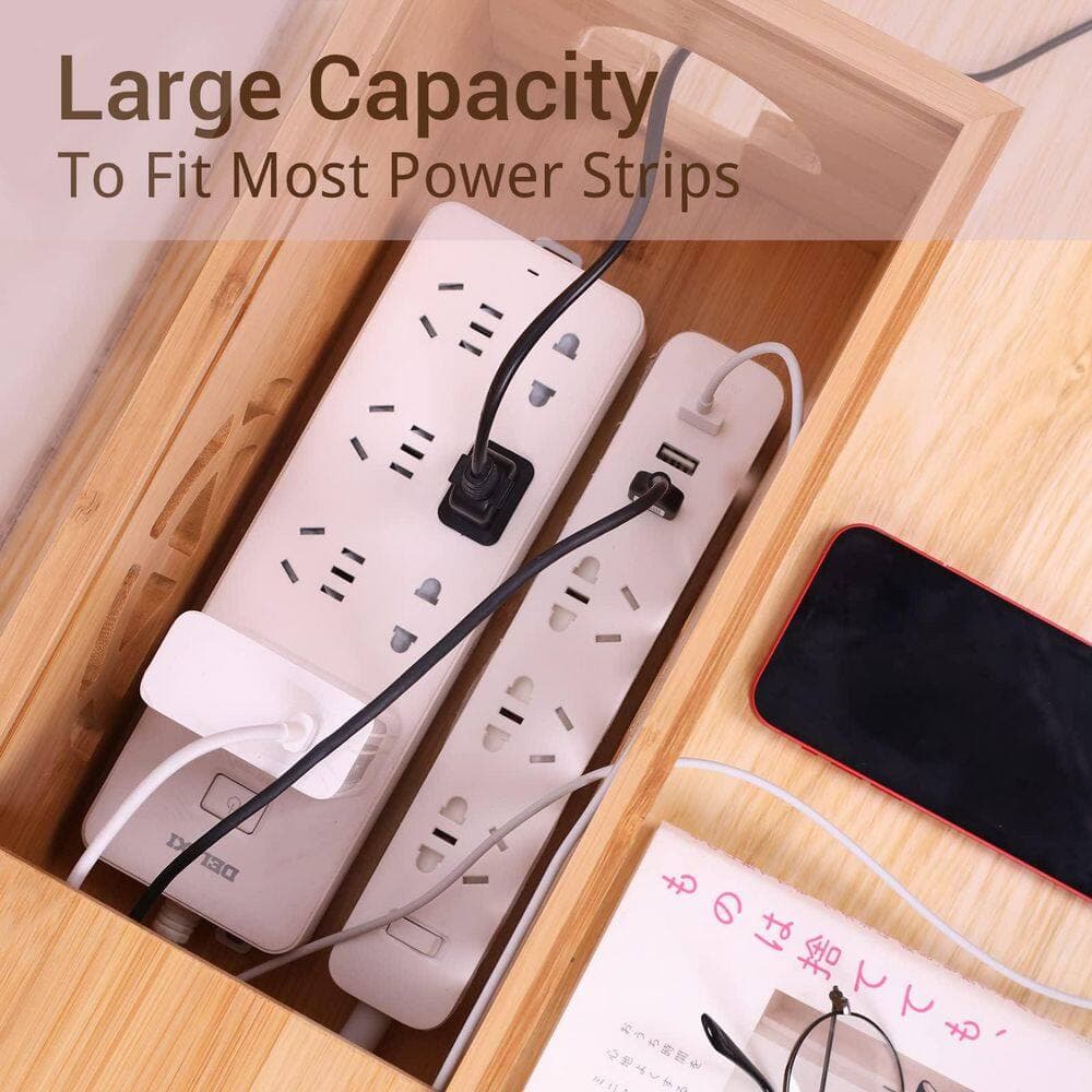 Ahfiwaso Extra Large Bamboo Cable Management Box with Lid Cable Concealer Box for Cords Power Strips Home Office 1-Piece (3)
