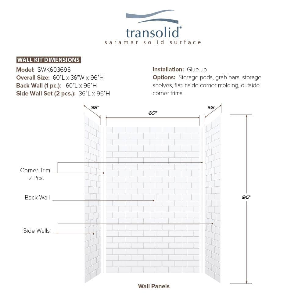 Transolid SaraMar 36 in. x 60 in. x 96 in. 3-Piece Easy Up Adhesive Alcove Shower Wall Surround in White (3)
