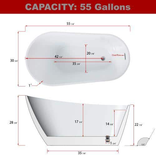 VANITYFUS Acrylic Freestanding Flatbottom Single Slipper Soaking Bathtub with Brass Drain (3)